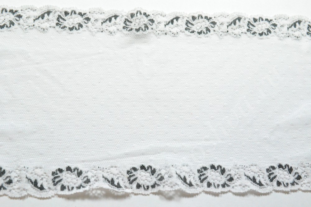 Кружевная ткань белого цвета с цветочной окантовкой черного оттенка