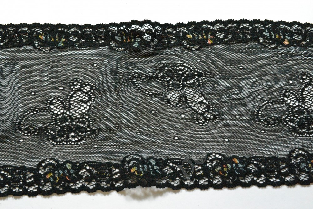 Ткань кружево черного оттенка с цветной окантовкой