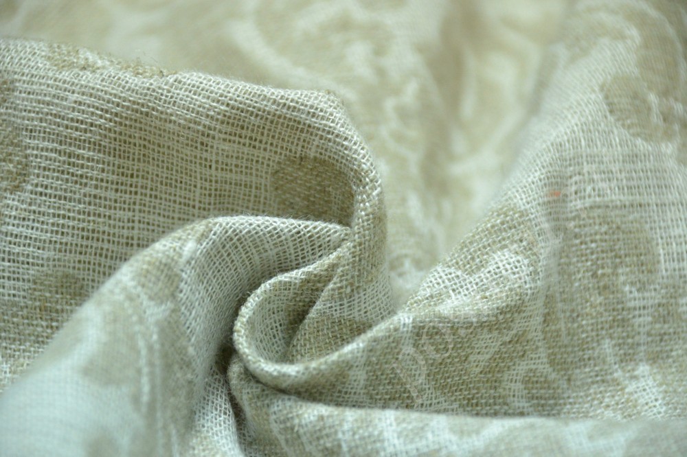 Ткань лен декоративная белого оттенка с бежевым узором