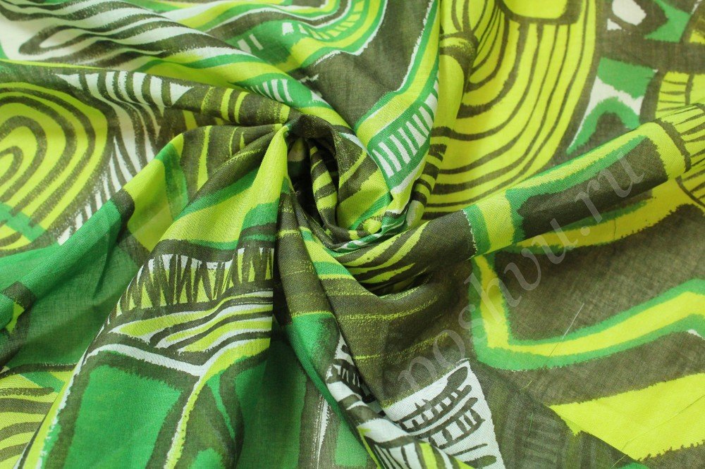 Ткань хлопковая с зелено-желтым абстрактным рисунком