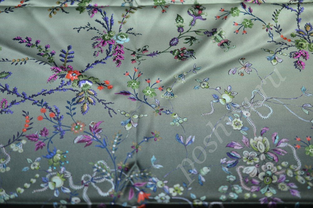 Шелковая ткань ETRO стального оттенка с цветочным узором