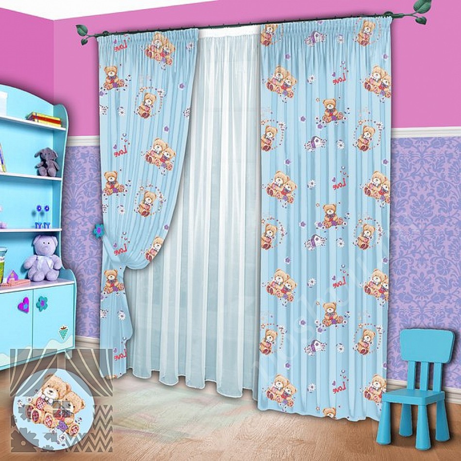 Милый комплект штор для детской комнаты в голубых тонах с веселыми медвежатами, тюль в комплекте