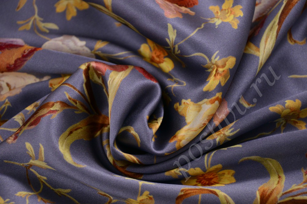 Оригинальная шёлковая ткань с нестандартным цветочным принтом