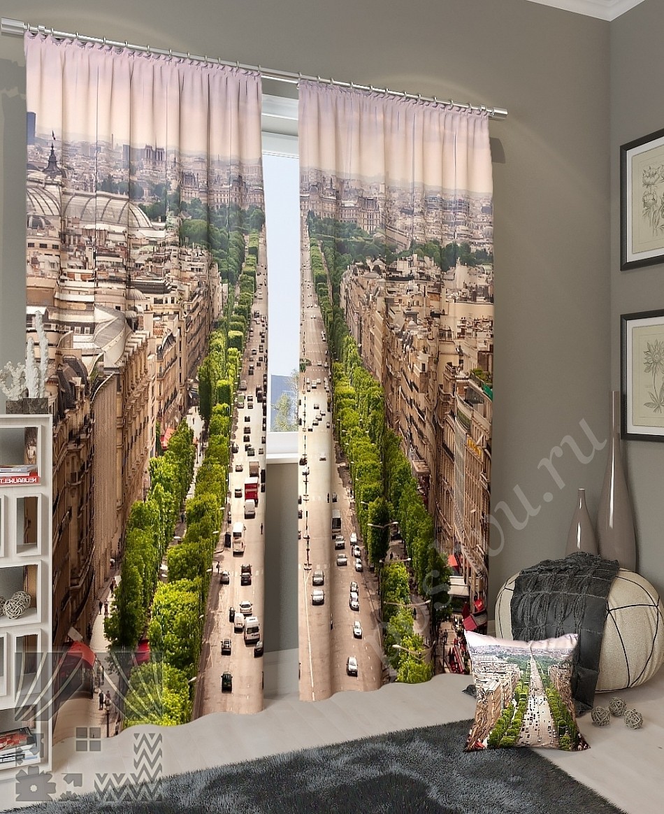 Красивый комплект готовых фото штор с городским пейзажем для гостиной или кабинета
