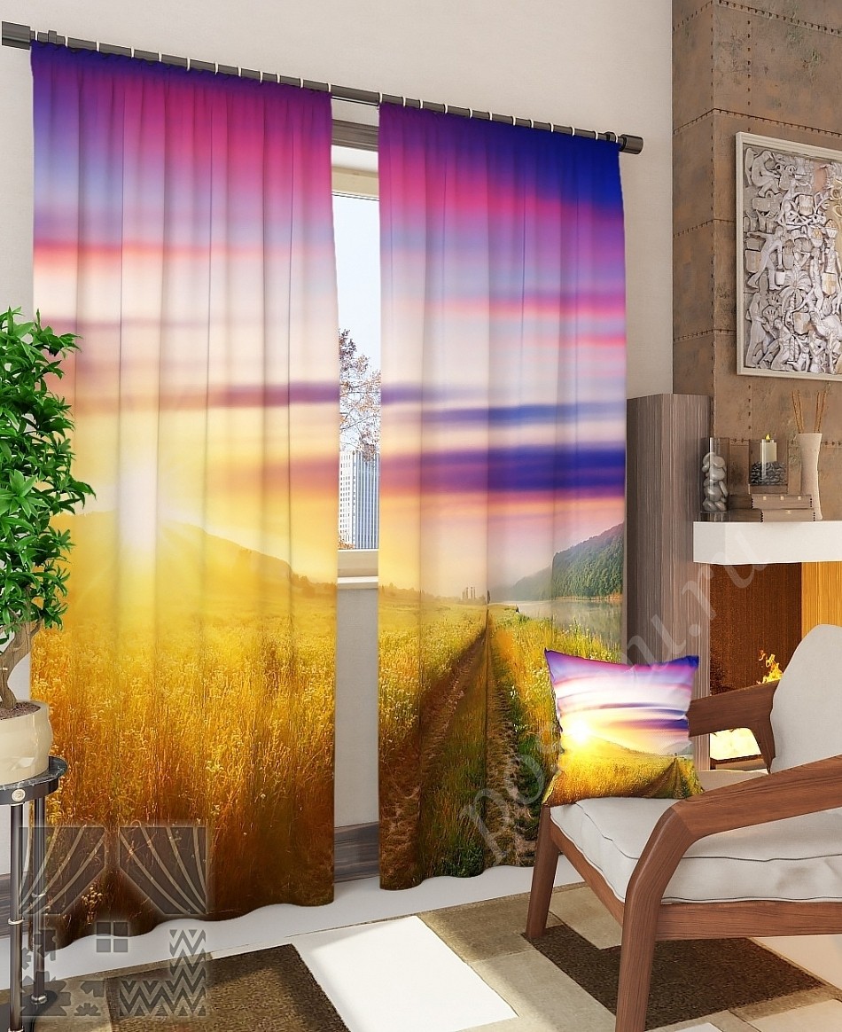 Оригинальный комплект готовых фото штор с изображением рассвета над лугом для гостиной