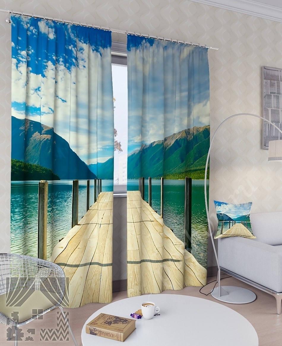 Романтичный комплект готовых фото штор с изображением горного озера для гостиной