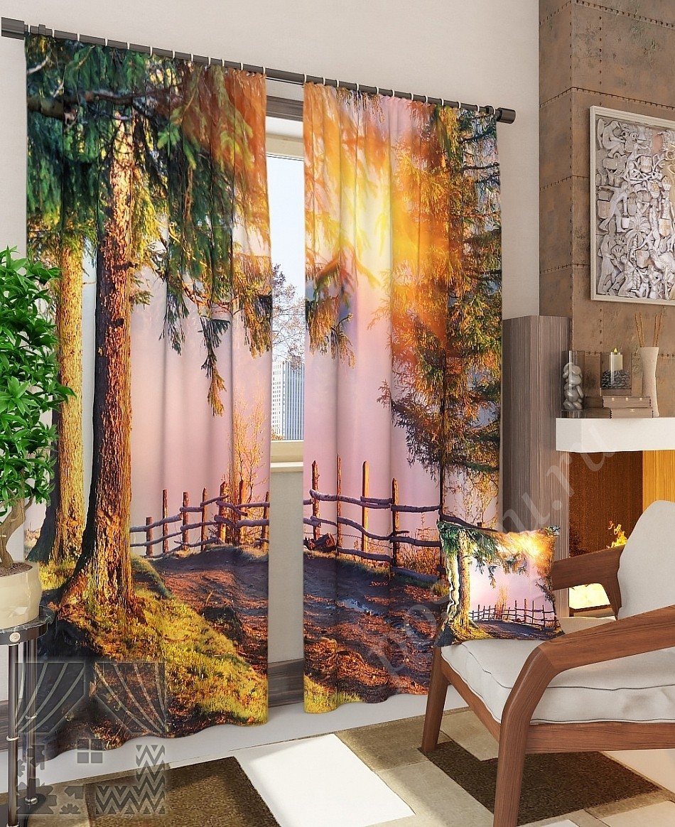 Спокойный комплект готовых фото штор с деревенским пейзажем для гостиной