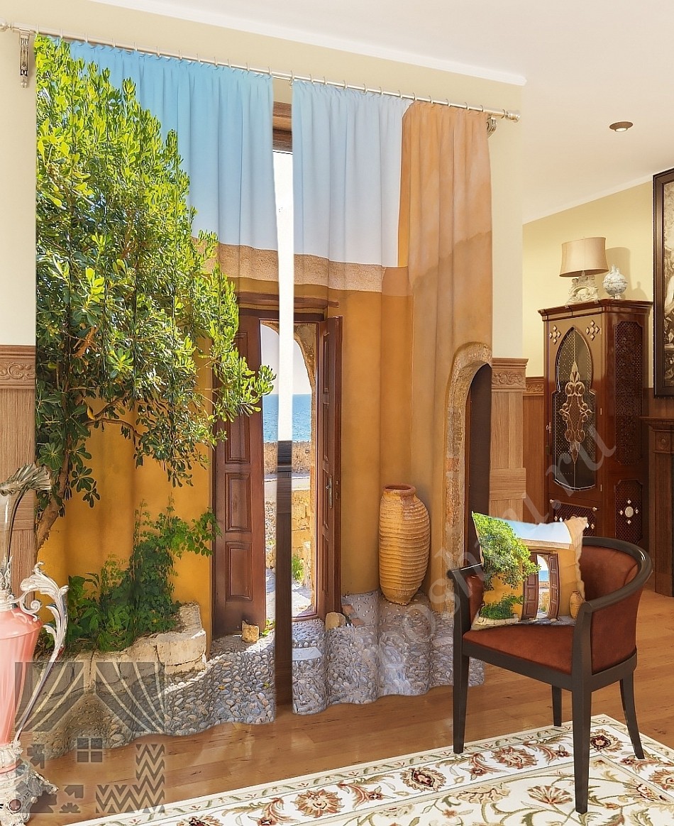 Уютный комплект готовых фото штор с изображением греческого дворика для гостиной или спальни