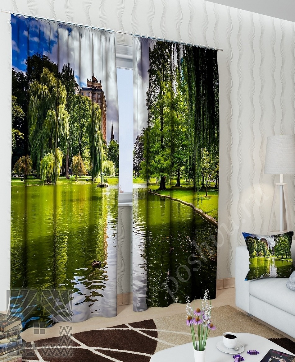 Яркий комплект готовых фото штор с летним пейзажем для гостиной