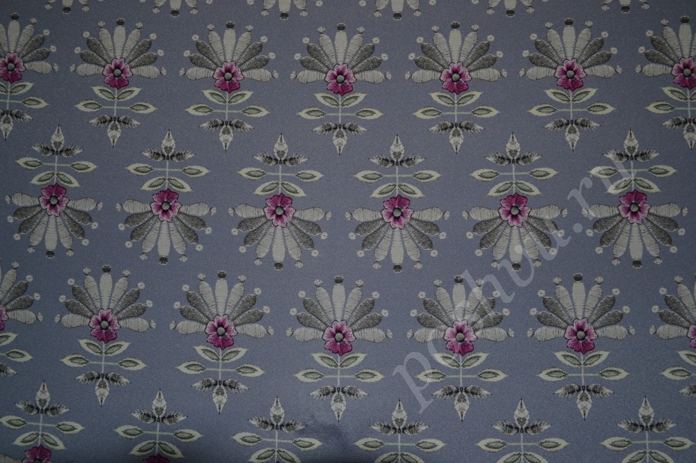 Ткань шелк матовый серо-синего цвета в цветочный орнамент