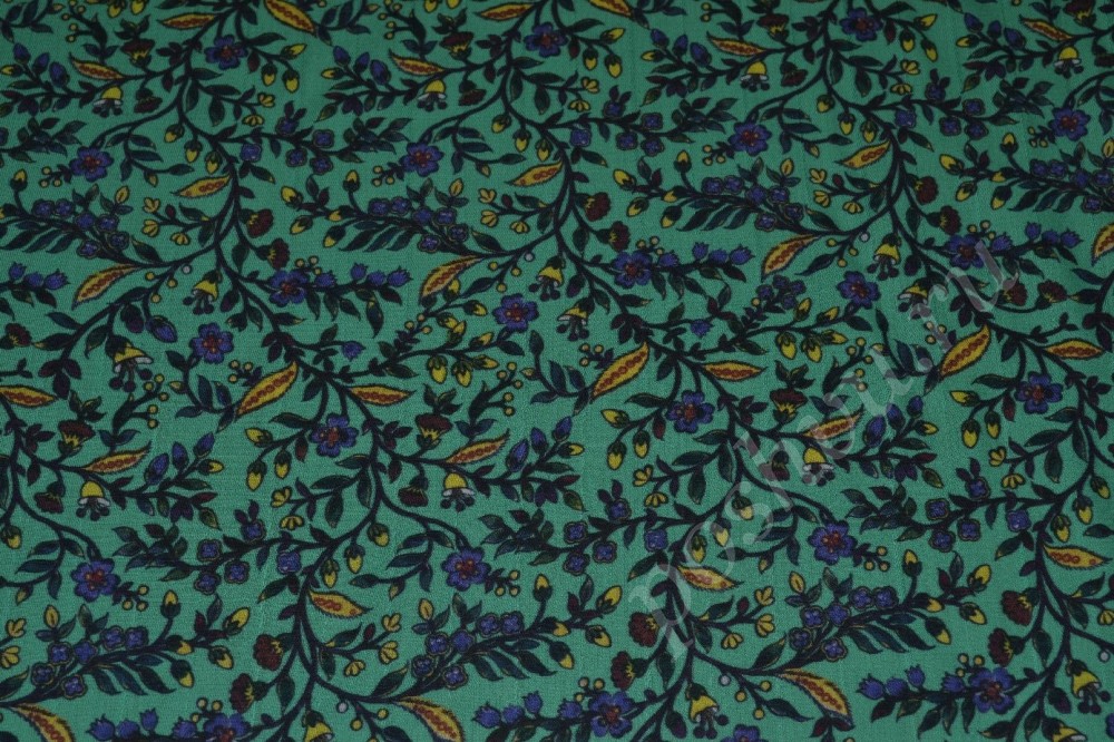 Ткань шерсть темно-бирюзового цвета в флористический узор