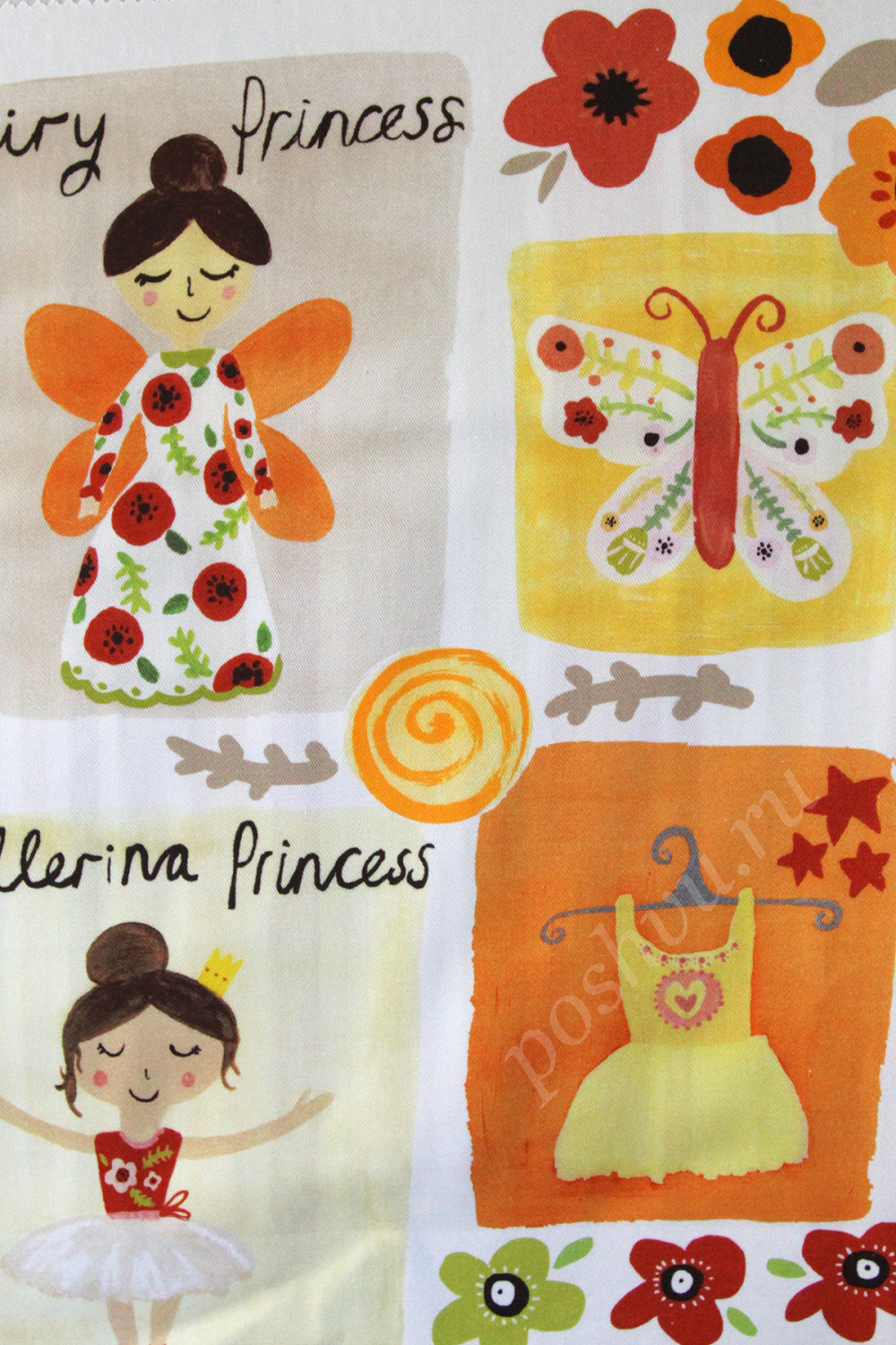 Ткань для штор саржа BALLERINA детский рисунок балерин в оранжевых тонах (раппорт 67х69см)