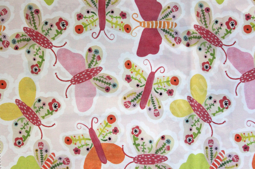 Ткань для штор саржа BALLERINA разноцветные бабочки на бледно-розовом фоне (раппорт 31х34см)
