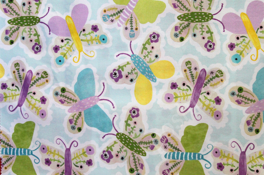 Ткань для штор саржа BALLERINA разноцветные бабочки на голубом фоне (раппорт 31х34см)