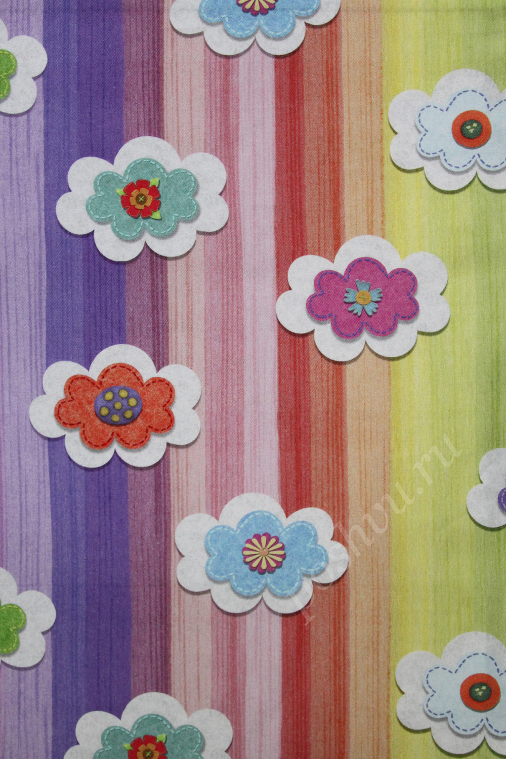 Ткань для штор саржа TWISTER IRIS разноцветные цветы на фоне разноцветных полос (раппорт 34х46см)