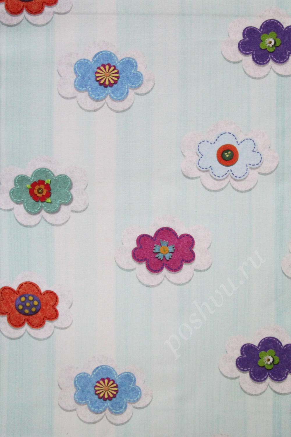 Ткань для штор саржа TWISTER IRIS разноцветные цветы на серо-голубых полосах (раппорт 34х46см)