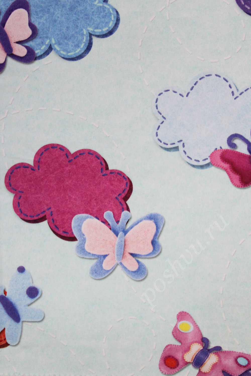 Ткань для штор саржа TWISTER IRIS разноцветные цветы с бабочками на светло-голубом фоне (раппорт 50х69см)