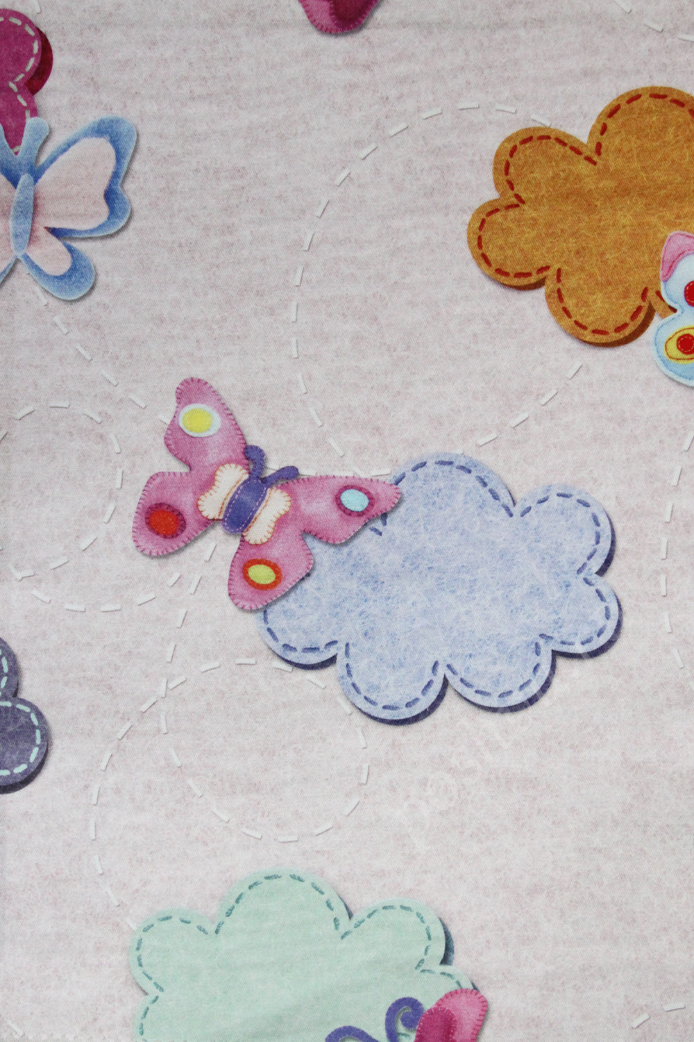 Ткань для штор саржа TWISTER IRIS разноцветные цветы с бабочками на светло-розовом фоне (раппорт 50х69см)