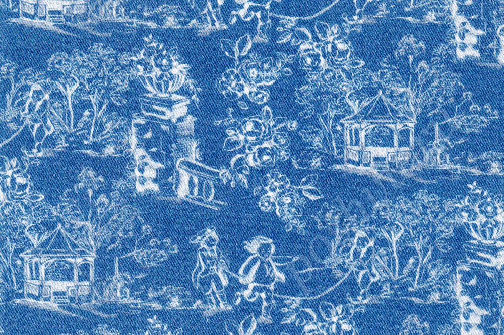 Ткань для штор саржа TWISTER TIFFANY белый принт пастораль на синем фоне (раппорт 22х23см)
