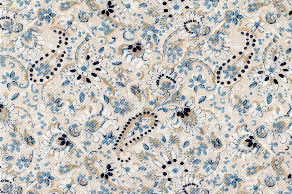 Ткань для штор саржа TWISTER TIFFANY мелкие бежево-голубые цветы и огурцы (раппорт 11х11см)