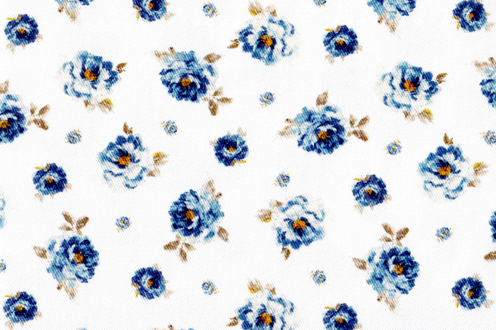 Ткань для штор саржа TWISTER TIFFANY синие мелкие цветочки на белом фоне (раппорт 11х11см)