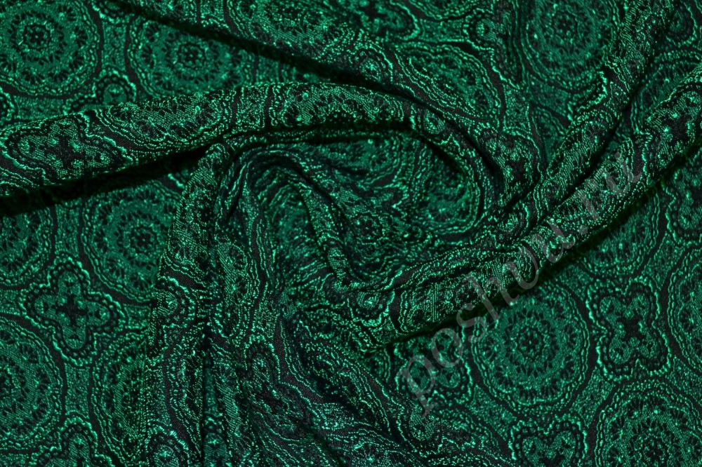 Ткань жаккард насыщенного зеленого оттенка с цветочным оригинальным узором
