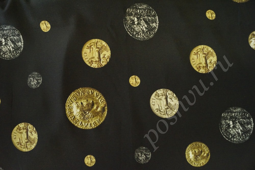 Ткань креп+крепон чёрного цвета с золотыми и серебрянными монетами