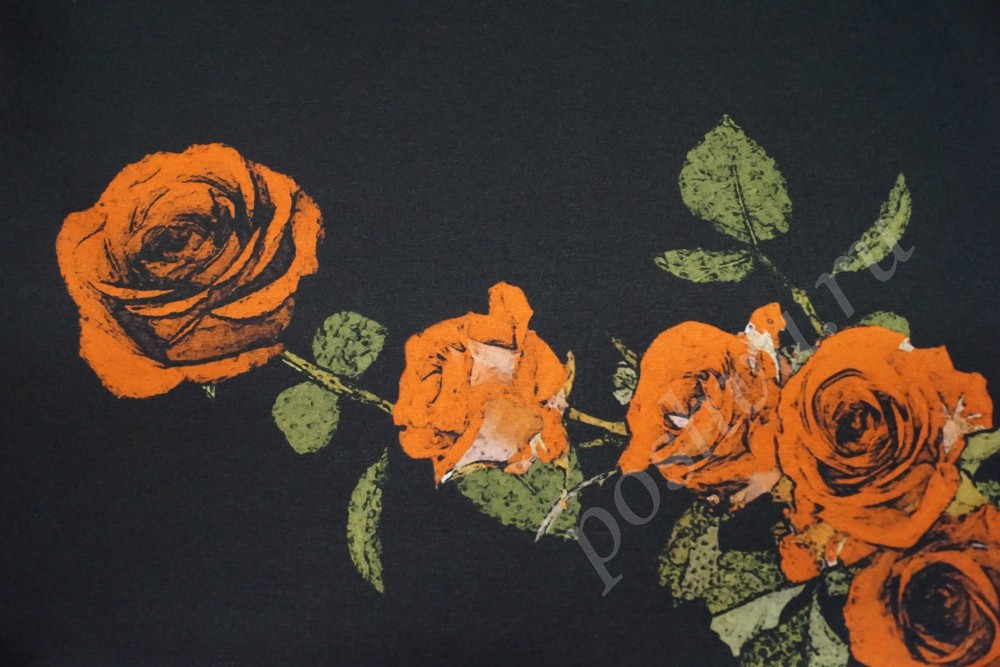 Ткань креп+крепон чёрного цвета с букетом алых роз
