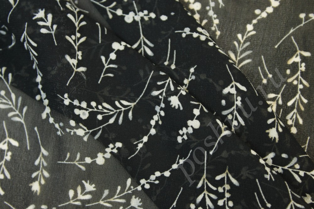 Ткань шифон черного оттенка с мелким узором белого цвета