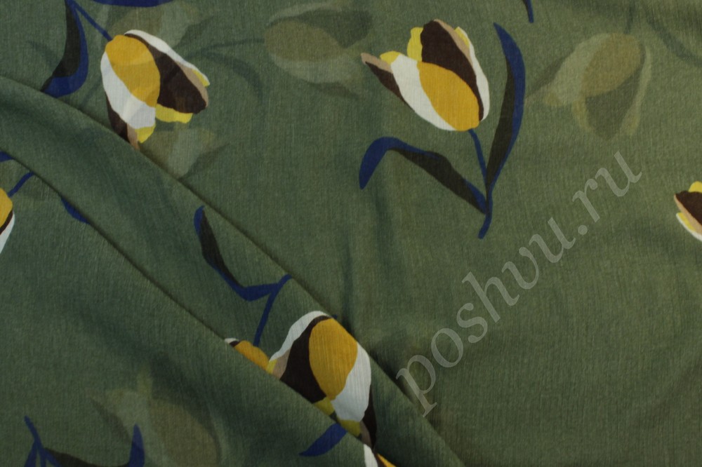 Блузочная ткань оливкового цвета в тюльпанах