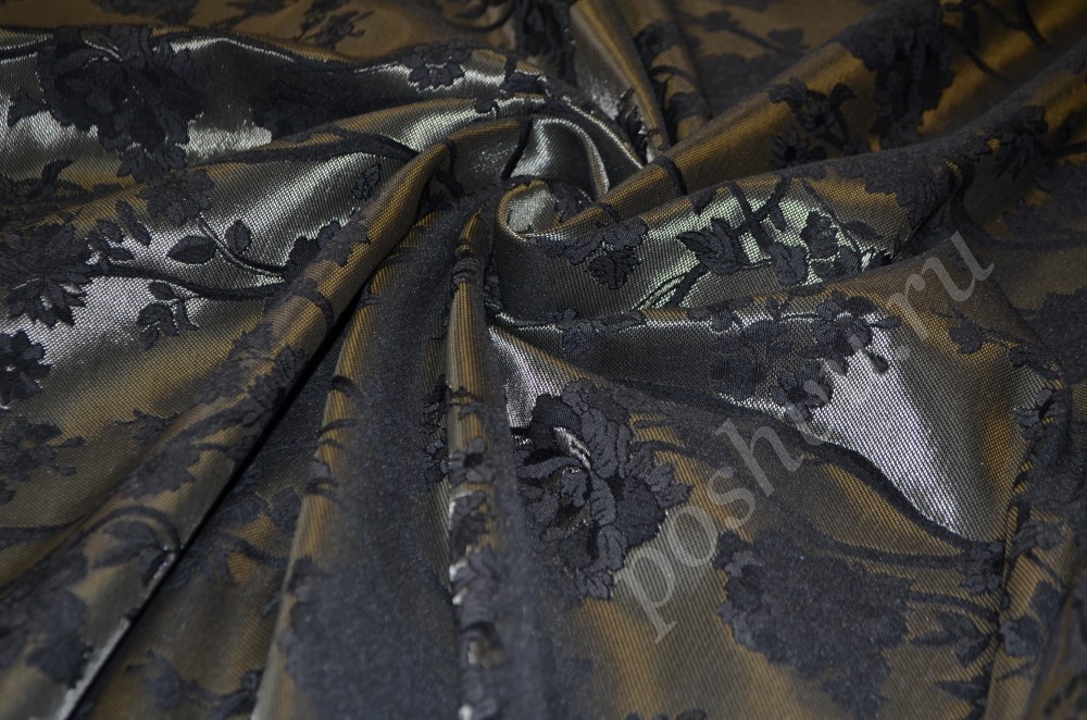 Ткань плательно-костюмный жаккард коричневого оттенка в черно-серебристый цветочный узор