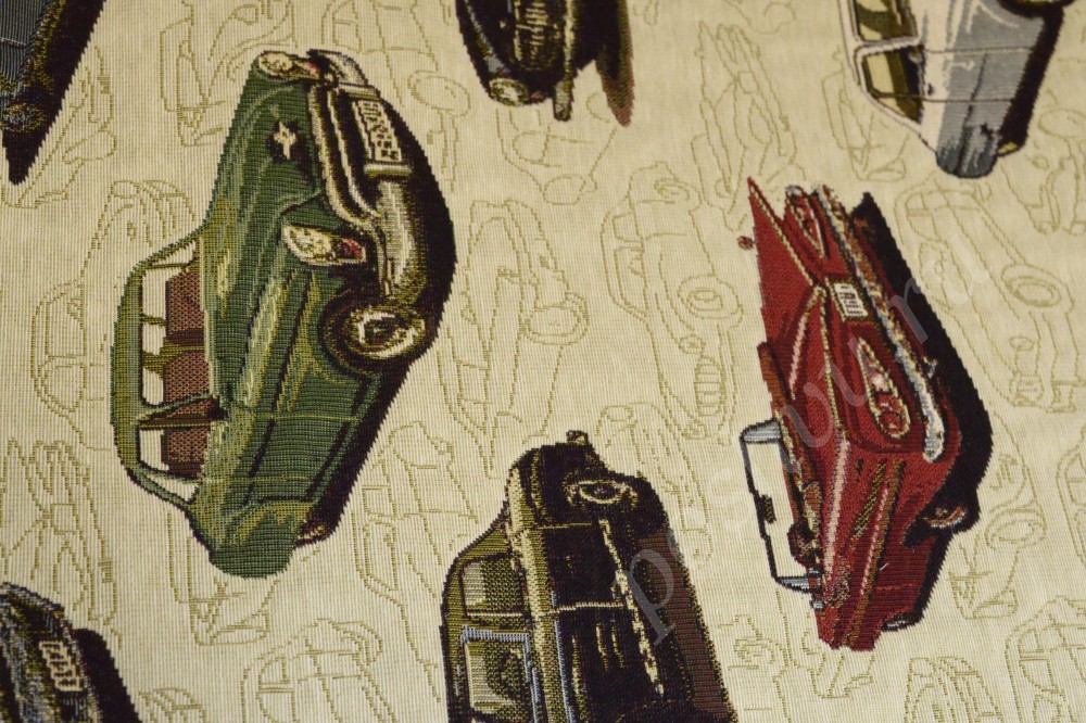 Ткань для штор гобелен бежевого цвета с изображением автомобилей