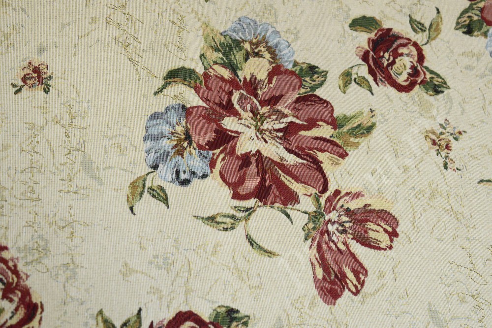 Ткань для штор гобелен кремового цвета с цветочным принтом