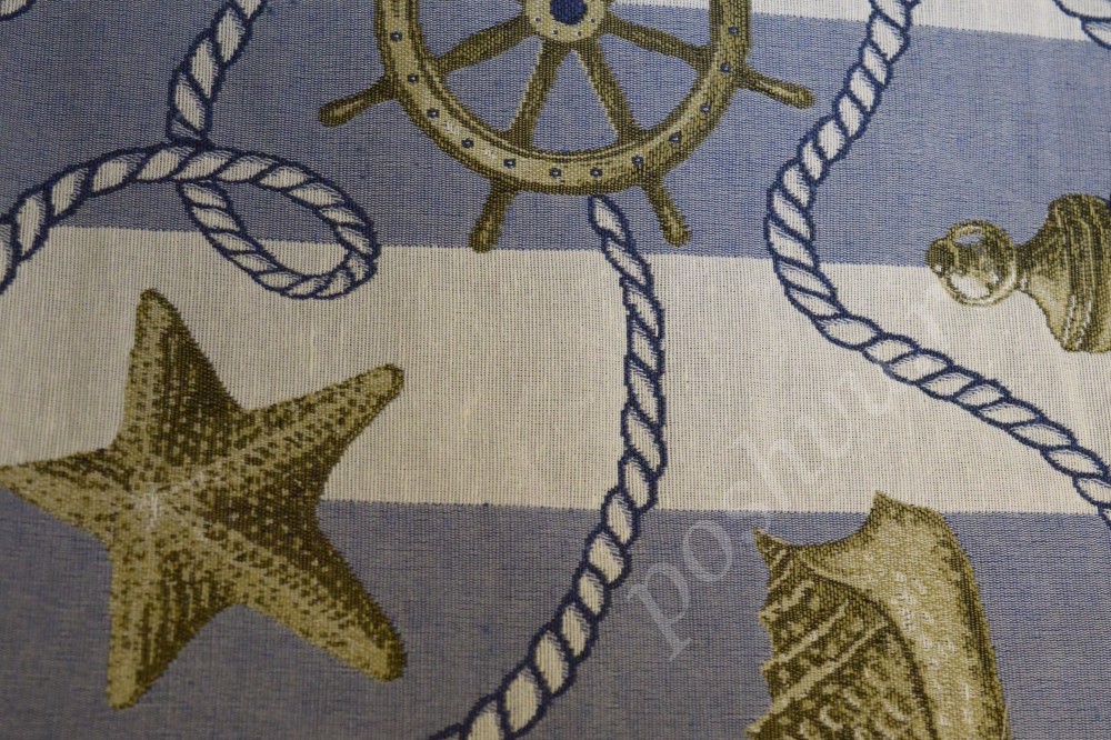 Гобеленовая ткань для штор сине-белого цвета с узором