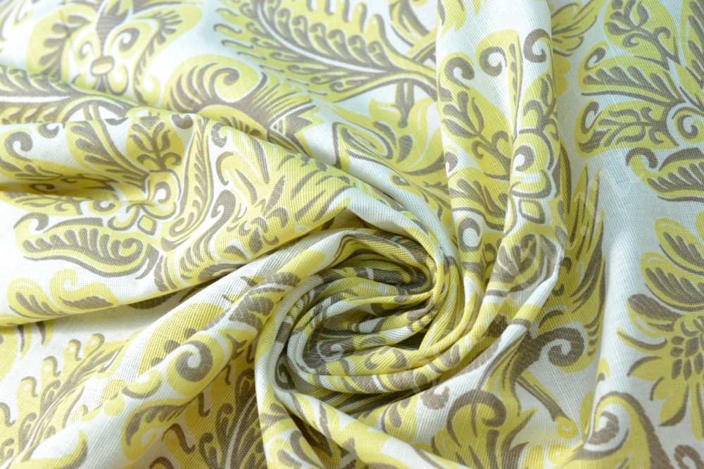 Ткань лен декоративная белого оттенка в желтый узор