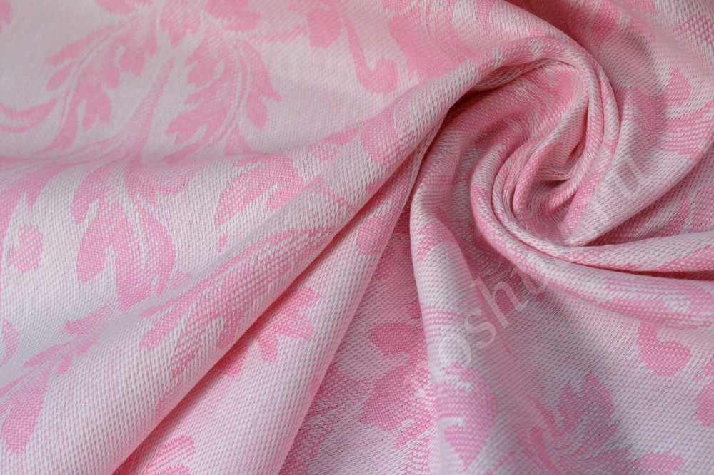 Ткань жаккардовая льняная белого оттенка с розовым узором
