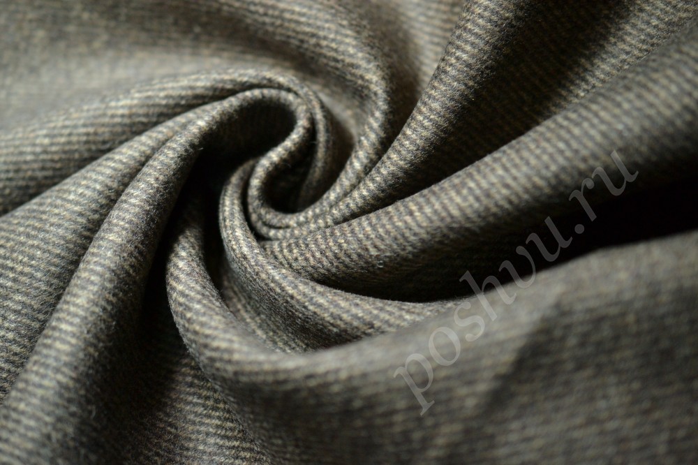 Ткань пальтовая темно-коричневого оттенка в черную рельефную полоску
