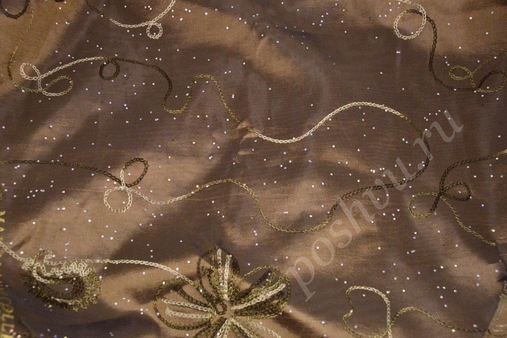 Ткань благородная тафта песочного цвета с цветочным узором и стразами