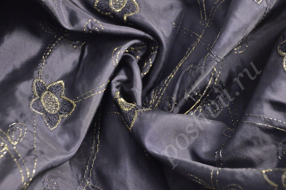 Ткань божественная тафта чёрного цвета с вышитым цветочным узором