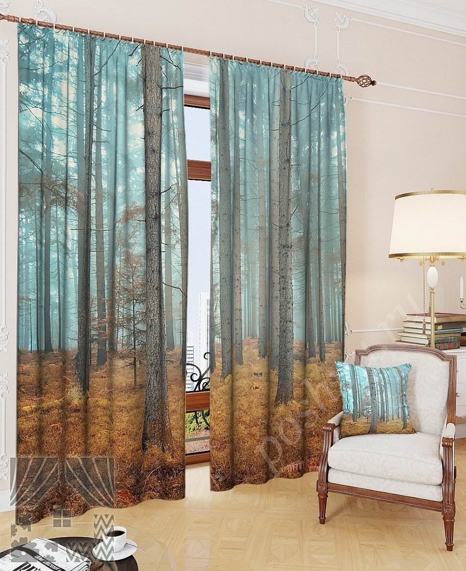 Интересный комплект готовых фото штор с лесным пейзажем для спальни или гостиной