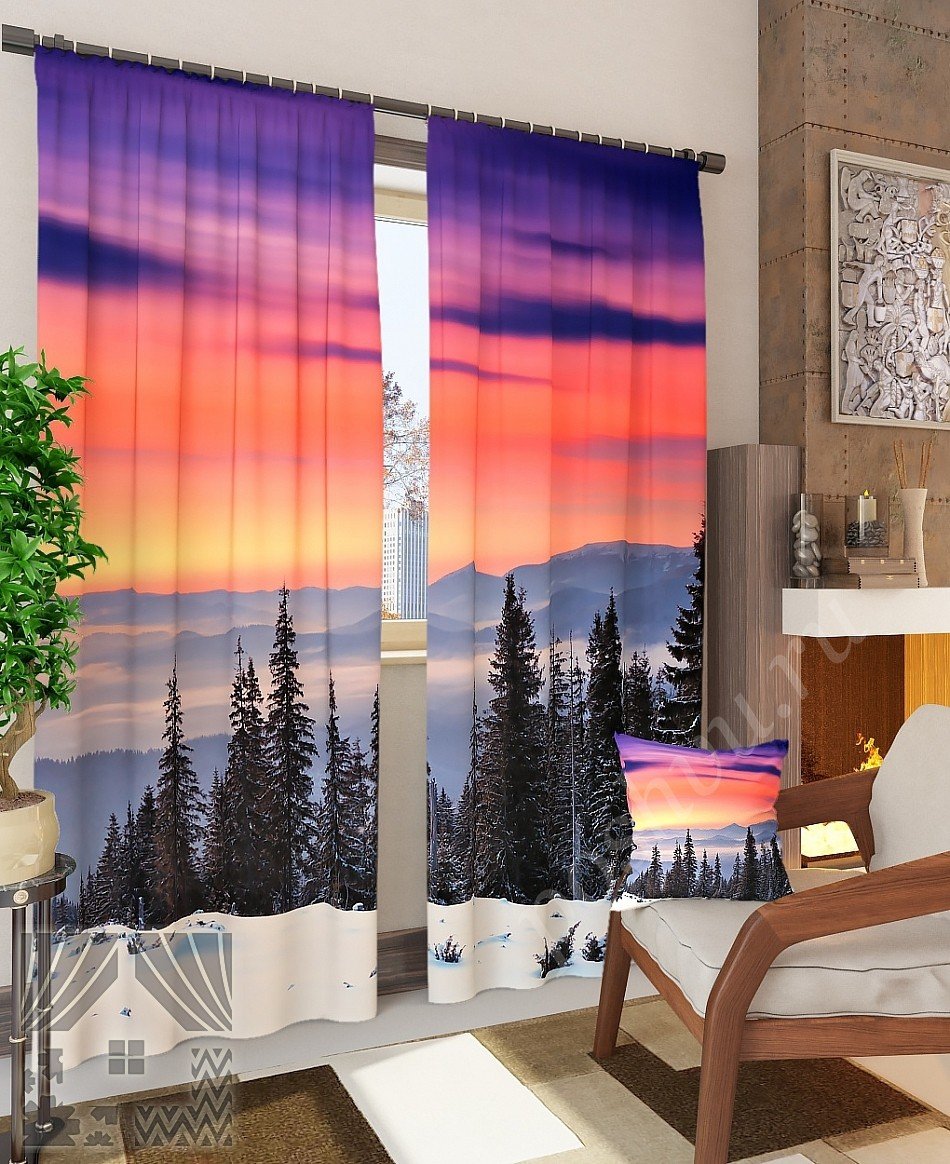 Изумительный комплект готовых фото штор с изображением заката в горах для спальни или гостиной