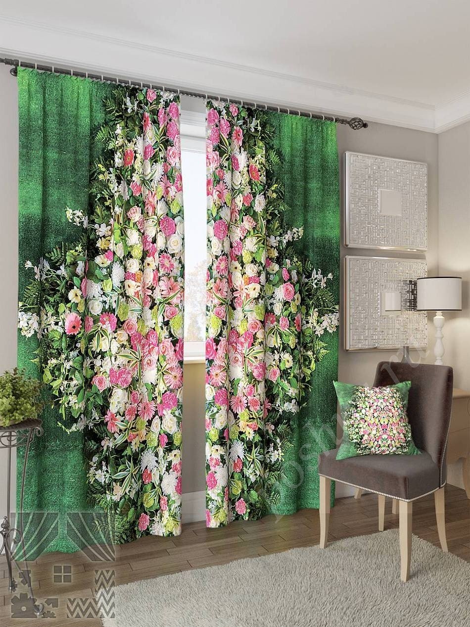 Изящный комплект готовых фото штор с изображением сложной цветочной композиции для гостиной или спальни