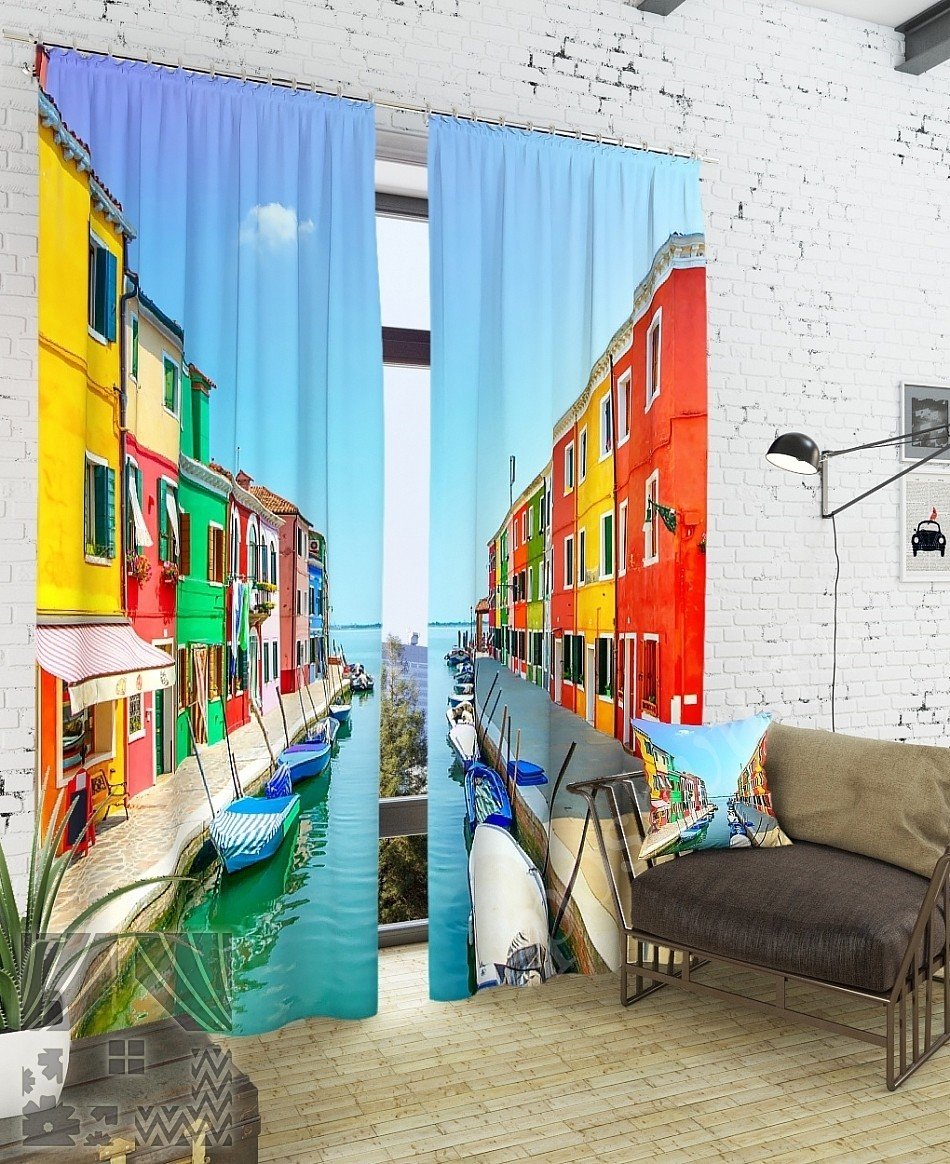Красивый комплект готовых фото штор с изображением городского пейзажа для гостиной