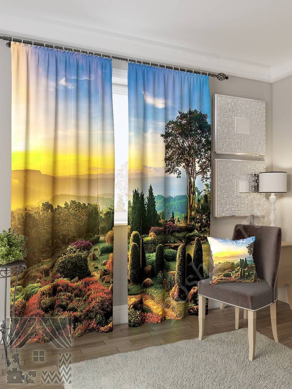 Красочный комплект готовых фото штор с изображением изумительного пейзажа для гостиной