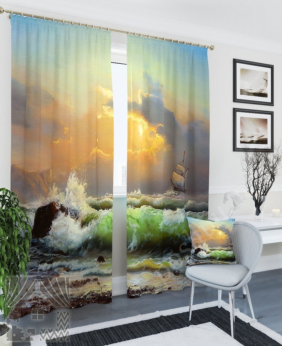 Красочный комплект готовых фото штор с изображением морской бури для гостиной или кабинета