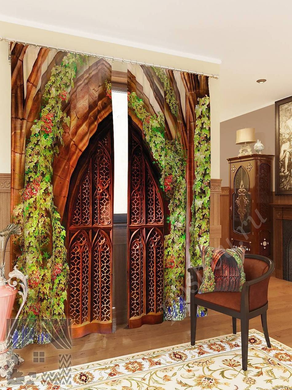 Необычный комплект готовых фото штор с изображением сводчатого портала для гостиной или кабинета