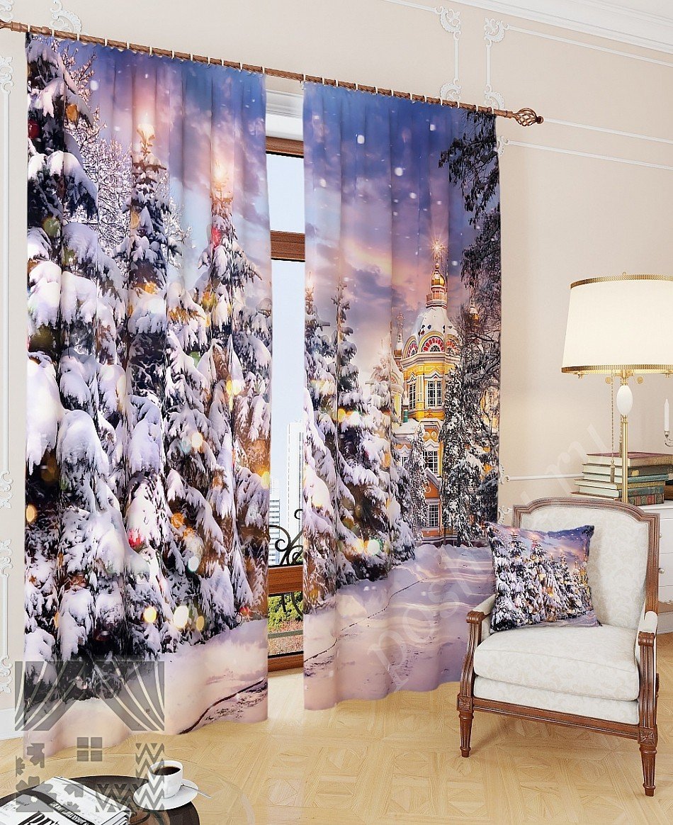 Рождественский комплект готовых фото штор с потрясающим зимним пейзажем для гостиной