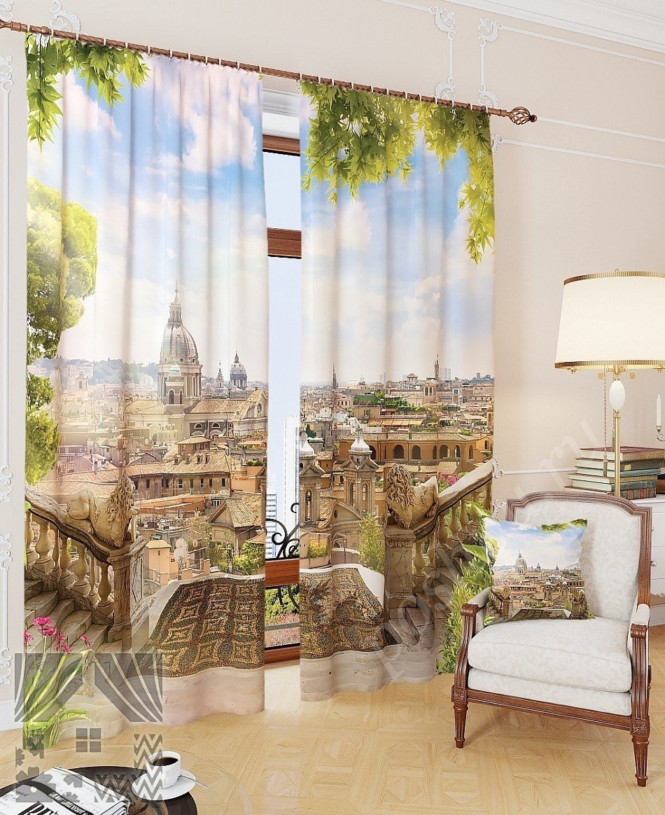 Спокойный комплект готовых фото штор с городским пейзажем для гостиной или спальни