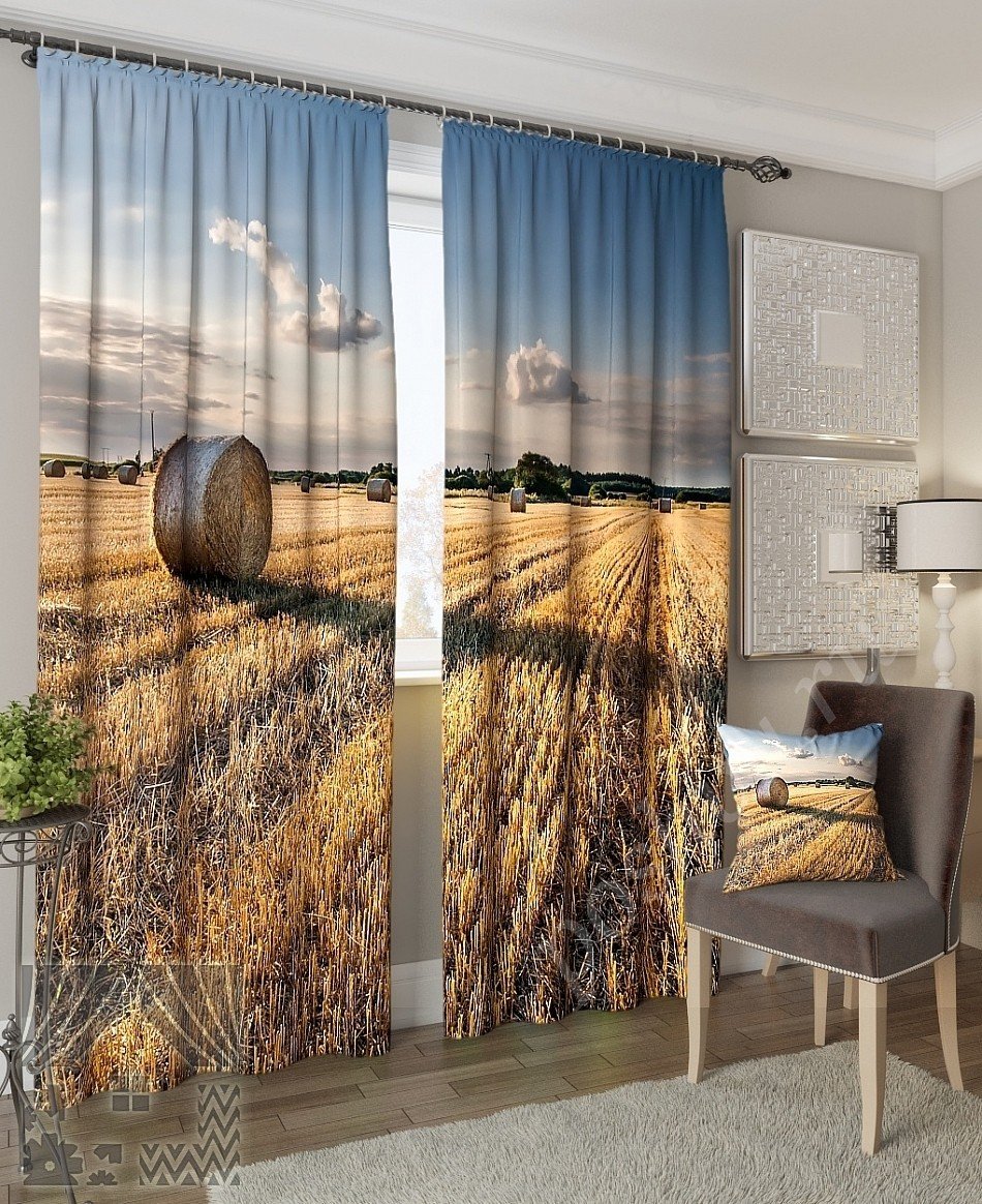 Спокойный комплект готовых фото штор с изображением пшеничного поля для гостиной