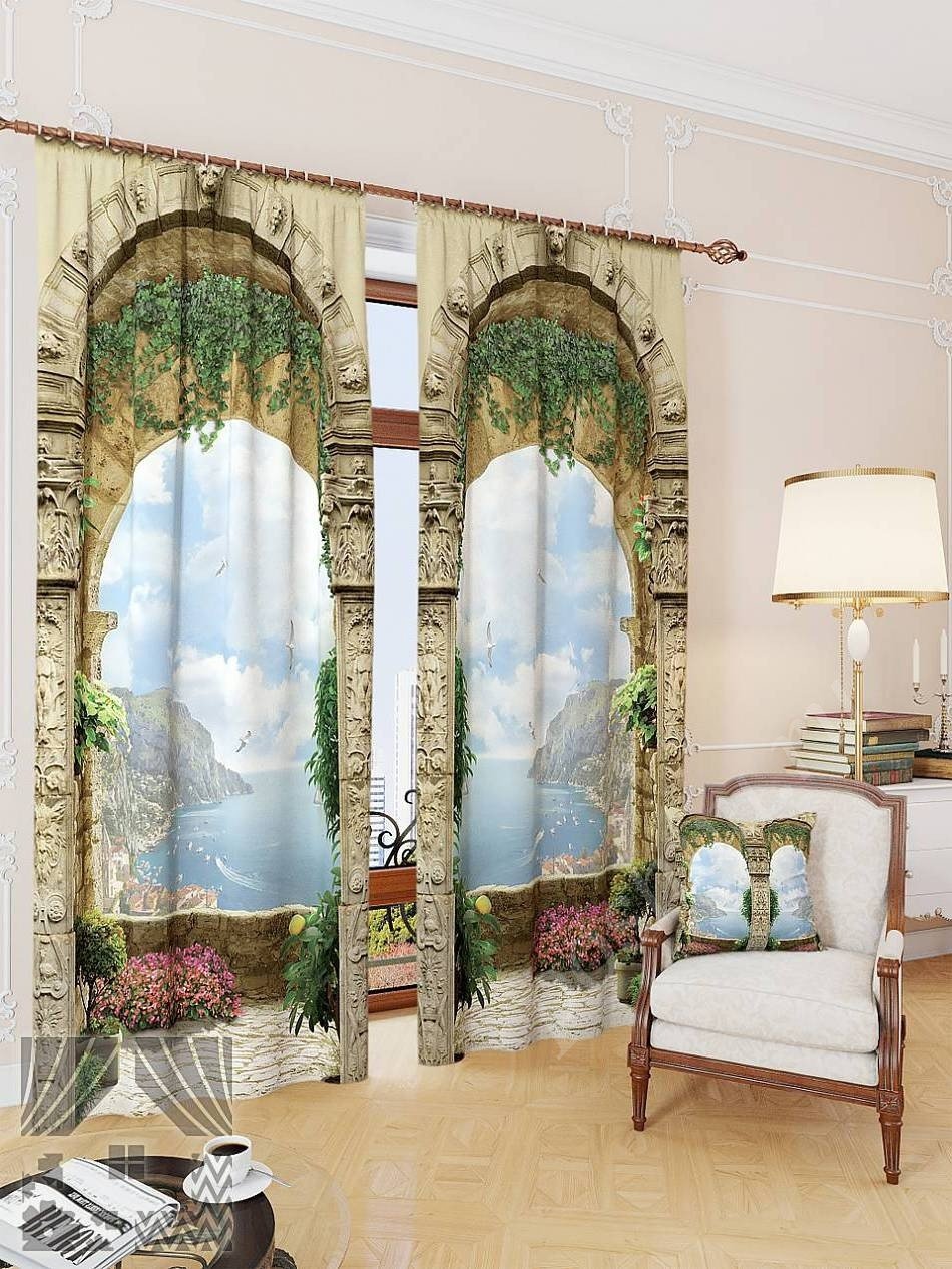Великолепный комплект готовых фото штор с изображением античных арок для спальни или гостиной